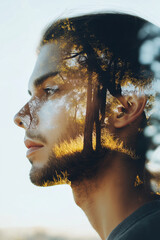 A double exposure photograph depicts the profile of a young man's face overlaid with a landscape image.  The man's features are partially transparent, allowing the warm-toned image of trees, tall