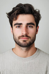 Obraz premium Close-up portrait of a young man's face and upper shoulders against a neutral grey backdrop. The image is sharply focused, emphasizing the subject's facial features: dark brown eyes, dark hair styled