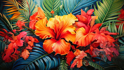 Vibrant Tropical Hibiscus Flowers – Colorful Jungle Botanical Illustration