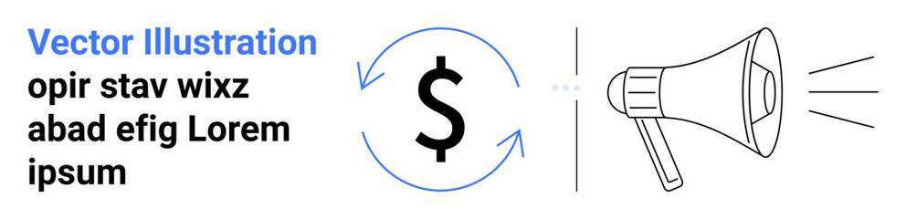 Circular arrow around dollar representing flow and growth, loudspeaker amplifying communication and promotion. Ideal for marketing, advertising, finance, communication, branding, investment, simple