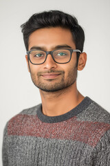 Close-up studio portrait of a young man with dark hair and beard stubble. He is wearing dark-framed glasses and a simple grey shirt. The background is a neutral, light grey. The image is sharply