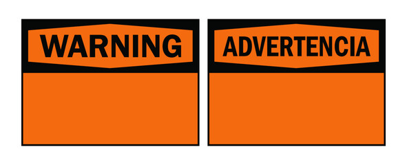 English and Spanish Warning Sign Vector Set, Orange Warning Sign Blank, Advertencia Sign, Hazard Sign, Danger Sign, Caution Sign