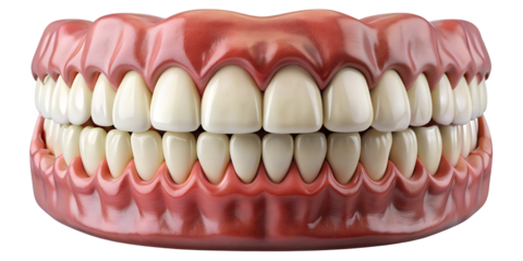 Dentures: A close-up, clinical perspective of upper and lower dentures, demonstrating precision dental craftsmanship and anatomical accuracy.