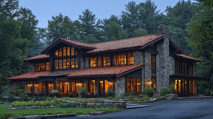Stone house with orange roof tiles, set in a lush forest. Light glows warmly