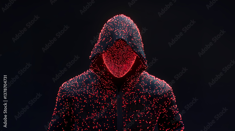 Poster hacker wearing hoodie made of binary code is committing a cyber crime