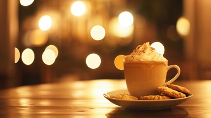 Fototapeta premium Cozy Hot Drink with Cookies, Warm beverage with whipped cream and cookies.