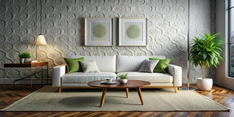 Macro photography showcase: 3D rendered white sofa in a modern living room with embossed walls, concrete floor, and carpet. Frame mockup included.