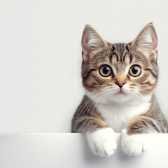 Adorable Kitten Peeking Over White Surface, Cute Pet Photo, Grey Tabby Cat