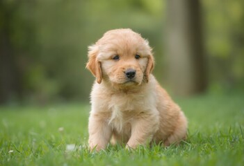 Fototapeta premium A cute and playful golden retriever puppy sitting on the grass in a sunny backyard.