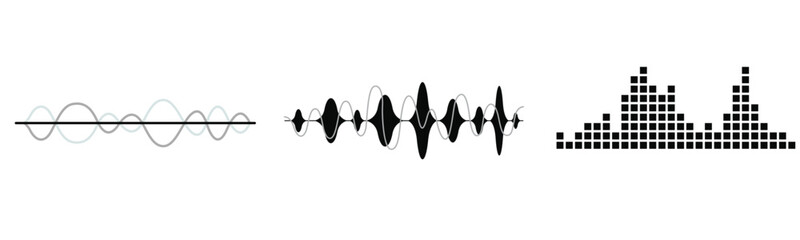 Black sound waves on white background - Music wave frequency or equaliser audio lines and digital voice volume visualisation vector set isolated illustrations 