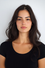 Fototapeta premium The image is a close-up studio shot of a young woman's face and upper shoulders against a plain white background. The lighting is soft and even, minimizing harsh shadows. The woman has long, dark,