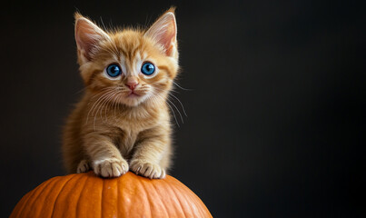 Adorable Orange Kitten with Bright Blue Eyes Perched on a Pumpkin