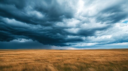Obraz premium Dramatic Skies Over Golden Fields: An expansive view of a vast golden field beneath a dramatic sky, showcasing a contrast between the sunlit horizon and the dark, brewing storm clouds.