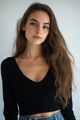 Naklejka premium Close-up shot of a woman's upper body. The subject is a young woman with long, wavy brown hair that falls to her chest. She is wearing a simple, black v-neck top that reveals some cleavage. The
