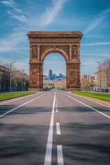 Obraz premium A stone archway frames a distant cityscape on a sunny day