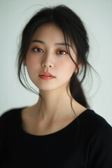 A close-up portrait photograph depicts a young woman with dark hair styled in a low ponytail. The image is sharply focused on her face, showcasing subtle makeup and smooth skin. The lighting is soft