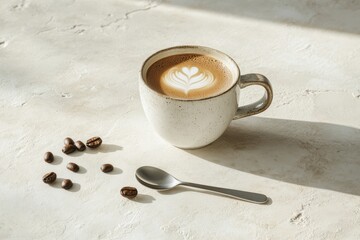 Cup of cappuccino with heart latte art on textured surface surrounded by scattered coffee beans and metal spoon
