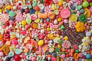 Flat lay of colorful assorted candies and sweets in bright sugary mix forming vibrant candy background