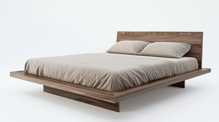 A wooden bed with a white sheet and two pillows