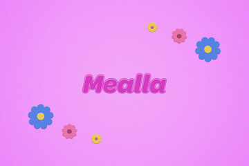 Mealla female girl name illustration in pink with blossoms, flowers