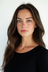 Naklejka premium The image is a close-up studio shot of a young woman's face and upper shoulders against a plain white background. The focus is sharp on her face, showcasing her features: long, wavy brown hair that