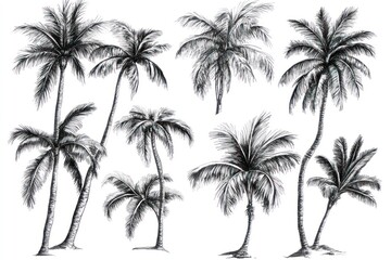 Set of multiple tropical palm trees, detailed and isolated
