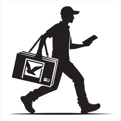 Courier Delivering Carrying Box Silhouette on isolated white background