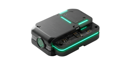 Close up of a black electronic device with green led lights on black