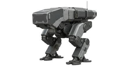 Isolated gray mech walker with heavy armor on a black background view