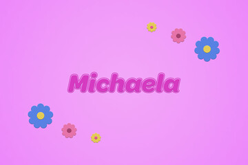 Michaela female girl name illustration in pink with blossoms, flowers