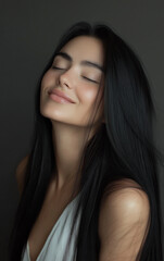 Fototapeta premium The image is a close-up studio portrait of a young woman. The focus is sharply on her face and upper neck. She has long, straight, black hair that falls around her shoulders. Her expression is
