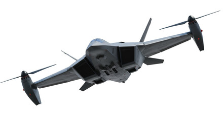 Angled view of gray military vtol aircraft with propellers rotating
