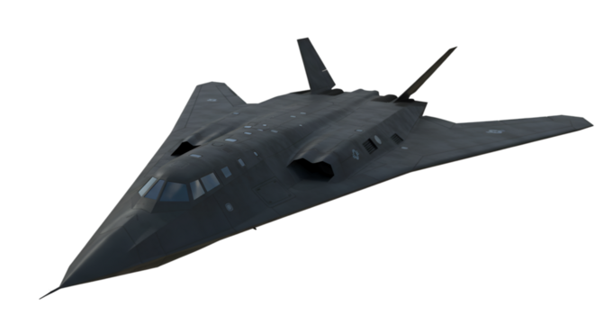 A stealth bomber aircraft isolated against a solid black background