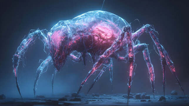 Glowing Digital Spider on Grungy Surface in Cyberpunk Art Style with Pink and Blue Pixelated Design