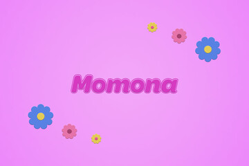 Momona female girl name illustration in pink with blossoms, flowers