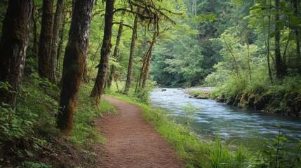 Obraz premium Serene riverside pathway through an enchanting lush green forest scenery