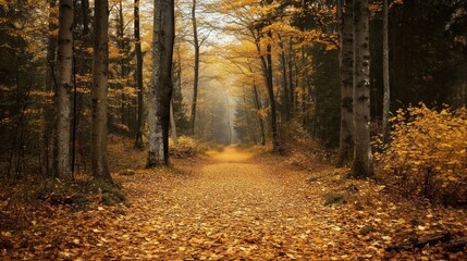 Fototapeta premium Enchanting autumn forest path covered in golden foliage beckons serene exploration