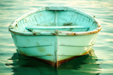 Obraz premium Weathered turquoise rowboat on calm green water at sunset reflecting serenity