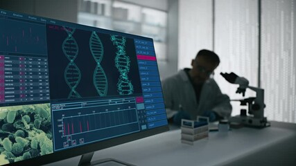 Male scientist working in a futuristic science laboratory with a microscope. Computer display showing the human DNA helix - Powered by Adobe