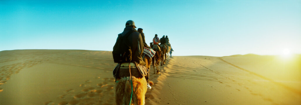 Panoramic view of row of people riding camels through the desert, Sahara Desert, Morocco.