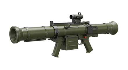 A detailed view of an olive green rocket launcher on a black background