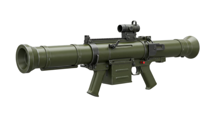 A detailed view of an olive green rocket launcher on a black background