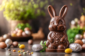 Festive chocolate easter bunny with colorful eggs and candy still life