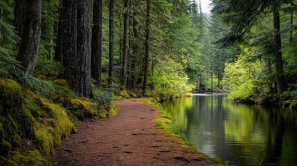 Obraz premium A tranquil path winds through an old growth forest, bordering a calm river's edge