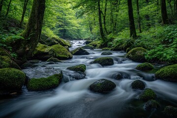 Obraz premium Tranquil flowing river with moss covered rocks in the forest