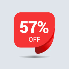 57% off discount, fifty seven percent chat balloon. Special offer sale red tag. Concept of the price list for discounts. Advertising campaign, sales, label offer. Vector illustration.