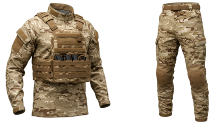 Camouflage uniform with tactical vest and pants on a neutral background