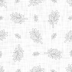 Fototapeta premium White neutral minimal woodland tree motif with Linen effect texture for baby nursery seamless background. Modern muted simple soft motif pattern for wallpaper, home decor white gray design. 