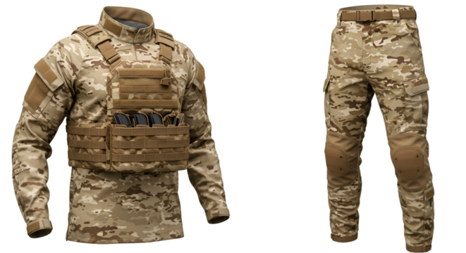 Camouflage uniform with tactical vest and pants on a neutral background