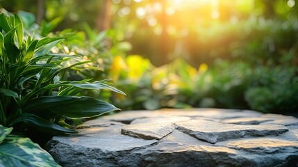 Stone platform product display with greenery and sunlit garden backdrop